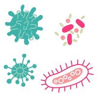 Flat illustration of a set of blue and pink microbe, virus, bacteria highlighted on a white background. Viruses of various shapes and quantities with streamlined shapes. Isolated molecules vector