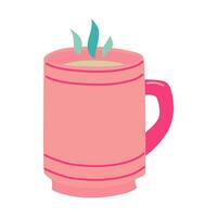 Flat illustration of a pink square cup with warm liquid. Blue, pink, yellow colors. An elongated glass with a pink handle with blue steam and yellow liquid insulated element on white vector