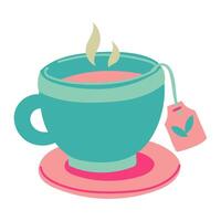 Flat illustration of a blue tea cup with a tea bag. Blue, pink color, imitating tea. Tea bag is depicted as rectangle hanging on the edge of the cup, descending from the threads into the water vector