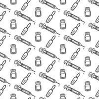 pattern with a black and white outline of a syringe with medicine ia jar and ampoule. illustration of medical injections in a repeating texture. product for medical use of medicines. Seamless vector