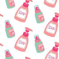 pattern with jars of antiseptic spray and liquid soap dispenser. Colored jars with liquid to ensure cleanliness and hygiene of hands, body, and face. Cleansing from bacteria and germs. Spray dispenser vector