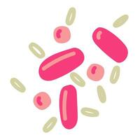 Flat illustration with pink and yellow microbes, viruses, bacteria isolated on a white background. The virus is depicted in an illustration style with oval bodies in a group. Spot and line vector