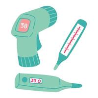 set of thermometers. Non-contact infrared, mercury, electronic thermometers. Colored flat blue elements for measuring temperature in case of illness. Illness, cold, high fever. Degree indicators vector