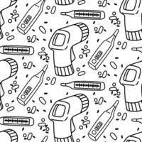 pattern is represented by various doodle thermometers. Non-contact infrared, mercury, electronic thermometers. Contour elements for measuring temperature case of illness. Illnesses, colds, high fever vector