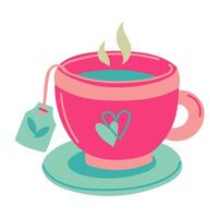 Flat illustration of a pink tea cup with a plate, with drawings of a heart and a tea bag. Blue, pink colors. Tea bag is depicted as a rectangle hanging on the edge of the cup, descending from vector