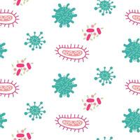 A pattern with blue and pink microbes, viruses and bacteria. Viruses of various shapes and quantities with streamlined shapes. Seamless texture on the theme of the disease on white. Medicine vector