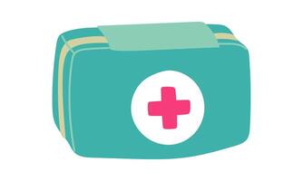 Flat illustration of a blue cloth first aid kit with a white cross on the floor sideways . The closed first aid kit is depicted as a rectangle with rounded corners and pink cross in the center vector
