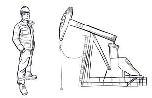 a set of black and white hand-drawn drawings of an oil pump and an engineer's man vector