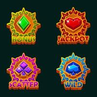 Playing card icons in solar disk frame, Aztec style icons. Symbols heart, spade, diamond, and club for your casual game, slots or casino vector