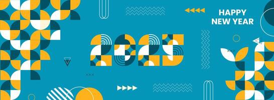 Happy New Year 2025 long banner with sky blue background and yellow and white geometric pattern combination. Suitable for poster or New Year greeting vector