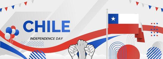 Modern banner for Chile's national independence day. National day greeting card with Chilean flag colors, typography and hands raised in enthusiasm. vector