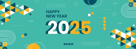 Happy New Year 2025 wide banner with turquoise color and geometric pattern vector