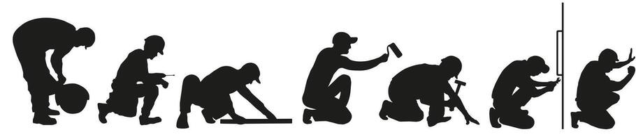 Isolated silhouettes of builders with different tools. Builders. vector