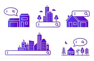 Destination search kit. Icons of buildings in a gradient. Urban background. City building icons. vector