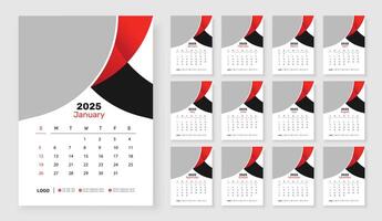 Modern wall calendar design 2025, Corporate 12 month wall calendar 2025 schedule, Week starts on Sunday, Simple vertical calendar design template. vector