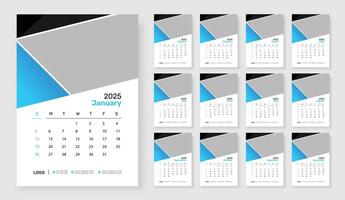 2025 Wall calendar template 12 page, Week starts on Sunday, Simple vertical calendar design template. vector