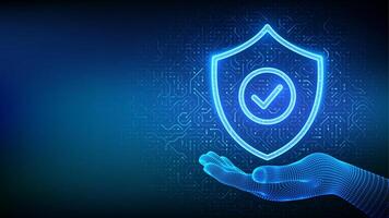 Security shield. Cyber security. Protection shield with Check mark icon in wireframe hand. Cyber data protection. Information privacy idea. Circuit board pattern. PCB printed circuit texture. vector