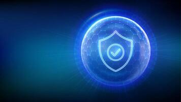 Protection. Healthcare. Insurance. Cyber security. Network safety. Protection shield with Check mark icon inside transparent sphere shield with hexagon pattern on blue background. illustration. vector