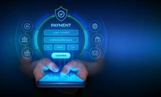 Online payment concept. Online banking digital technology. Online payment via banking application using smartphone. Online shopping. Financial transaction. Smartphone in hands. vector