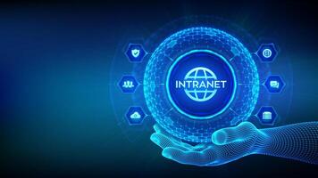 INTRANET. Global Network Connection Technology concept in the shape of sphere with hexagon grid pattern in wireframe hand. Intranet Business Corporate communication. DMS vector