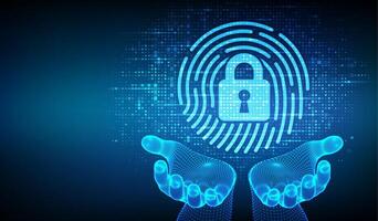 Fingerprint with padlock icon made with binary code in wireframe hands. Personal Data protection. Cyber Security. Biometrics identification. Digital background with digits 1.0. vector