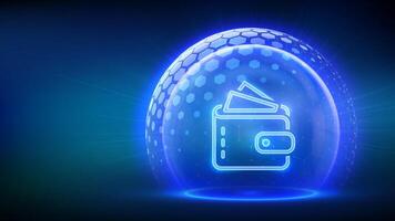 Secure Digital Wallet. Online banking. Safety payments. Secure transactions. Personal financial data protection. Glass transparent sphere with surface of hexagons with Wallet icon. vector