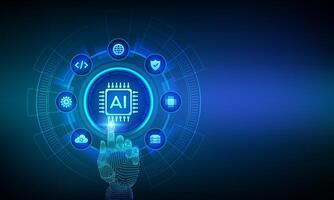 AI. Artificial Intelligence. Machine Learning. Artificial Intelligence for big data analytics. Neural networks. Deep Learning. Wireframe hand touching digital interface. illustration. vector
