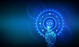 Devops. Agile development and optimisation concept. Software engineering. Software development practices methodology. Hand touching digital interface with connected gears cogs and icons. . vector