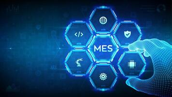 MES. Manufacturing execution system. Automation Software. Innovation, improving productivity. Wireframe hand places an element into a composition visualizing MES. illustration. vector