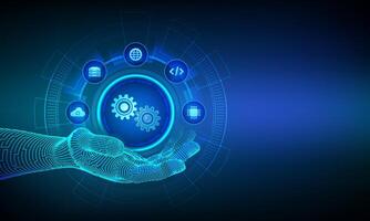 Digital twin business and industrial process modelling technology concept on virtual screen. Innovation and optimisation. Digital twin icon in wireframe hand. vector