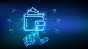 Digital wallet. E-wallet. Online payment by digital wallet. Mobile banking, money transaction, e-commerce. Circuit board background. Wireframe hand touching digital interface. vector