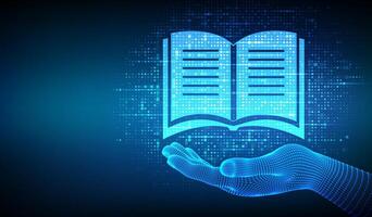 E-learning icon made with binary code in wireframe hand. Online education. Webinar, teaching, online training courses. Digital binary data streaming digital code background. vector
