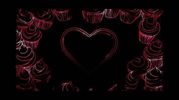 Neon frame effect, Heart Frame with Cupcakes on black background. video