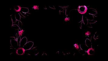 Neon frame effect, Flower Frame with Ladybugs on black background. video