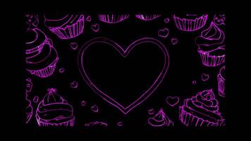Neon frame effect, Circle Frame with Cupcakes on black background. video