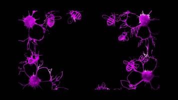 Neon frame effect, Flower Frame with Ladybugs on black background. video