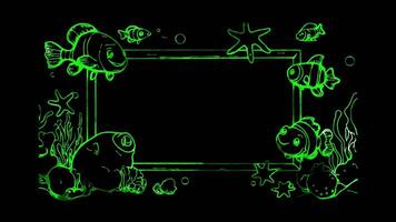 Neon frame effect, Rectangle Frame with Sea Creatures on black background. video