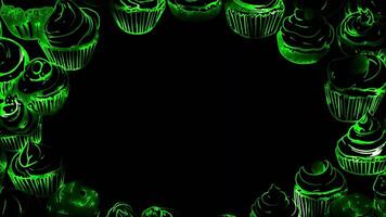 Neon frame effect, Circle Frame with Cupcakes on black background. video