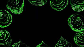 Neon frame effect, Circle Frame with Cupcakes on black background. video