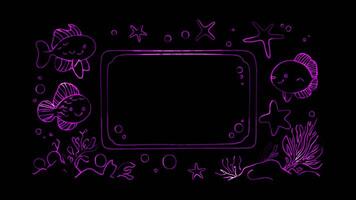 Neon frame effect, Rectangle Frame with Sea Creatures on black background. video