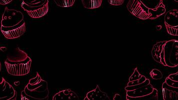 Neon frame effect, Circle Frame with Cupcakes on black background. video