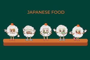 A set of icons of delicious colored sushi rolls in the style of kawaii. vector