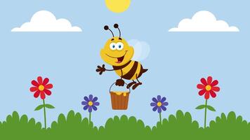 Bee Cartoon Character Flying With Bucket In The Garden. 4K Animation Motion Graphics With Landscape Background video