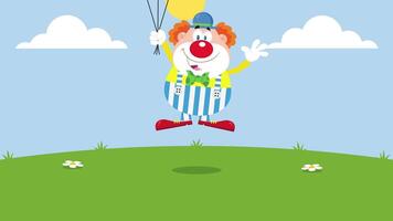 Funny Clown Cartoon Character With Balloons And Birthday Cake. 4K Animation Motion Graphics With Landscape Background And Text video