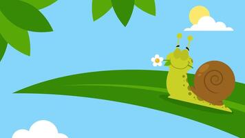 Cute Snail With A Flower On A Leaf. 4K Animation Motion Graphics With Landscape Background video