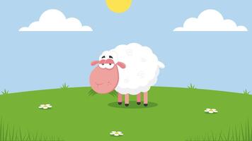 White Sheep Cartoon Character Grazing Grass. 4K Animation Motion Graphics With Landscape Background video