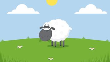 Black Sheep Cartoon Character Grazing Grass. 4K Animation Motion Graphics With Landscape Background video