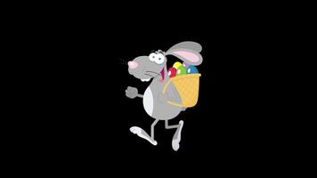 Happy Gray Easter Rabbit Running With A Basket And Egg. 4K Animation Motion Graphics Looped Over Black Background video
