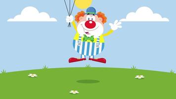 Funny Clown Cartoon Character With Balloons And Birthday Cake. 4K Animation Motion Graphics With Landscape Background video