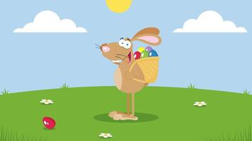 Happy Brown Easter Rabbit Running With A Basket And Egg. 4K Animation Motion Graphics With Landscape Background video